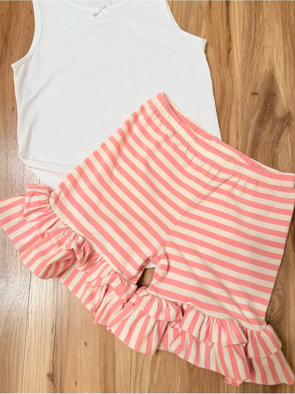 Mustard Pie Pink and White Striped Ruffle High-Waist Shorties- Girls 10